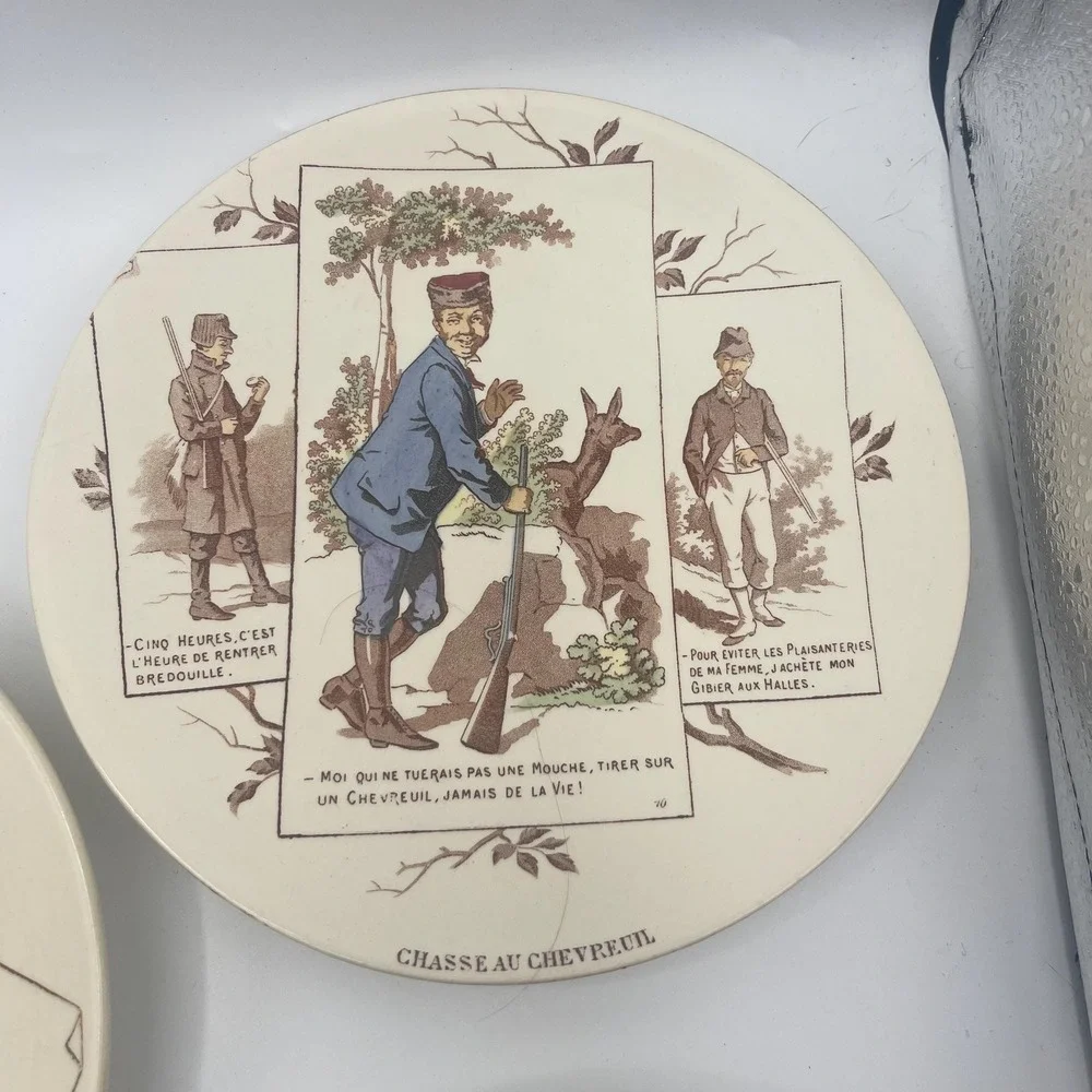 6 U&C faience plates from Sarreguemines hunt French humor funny hunting comedy